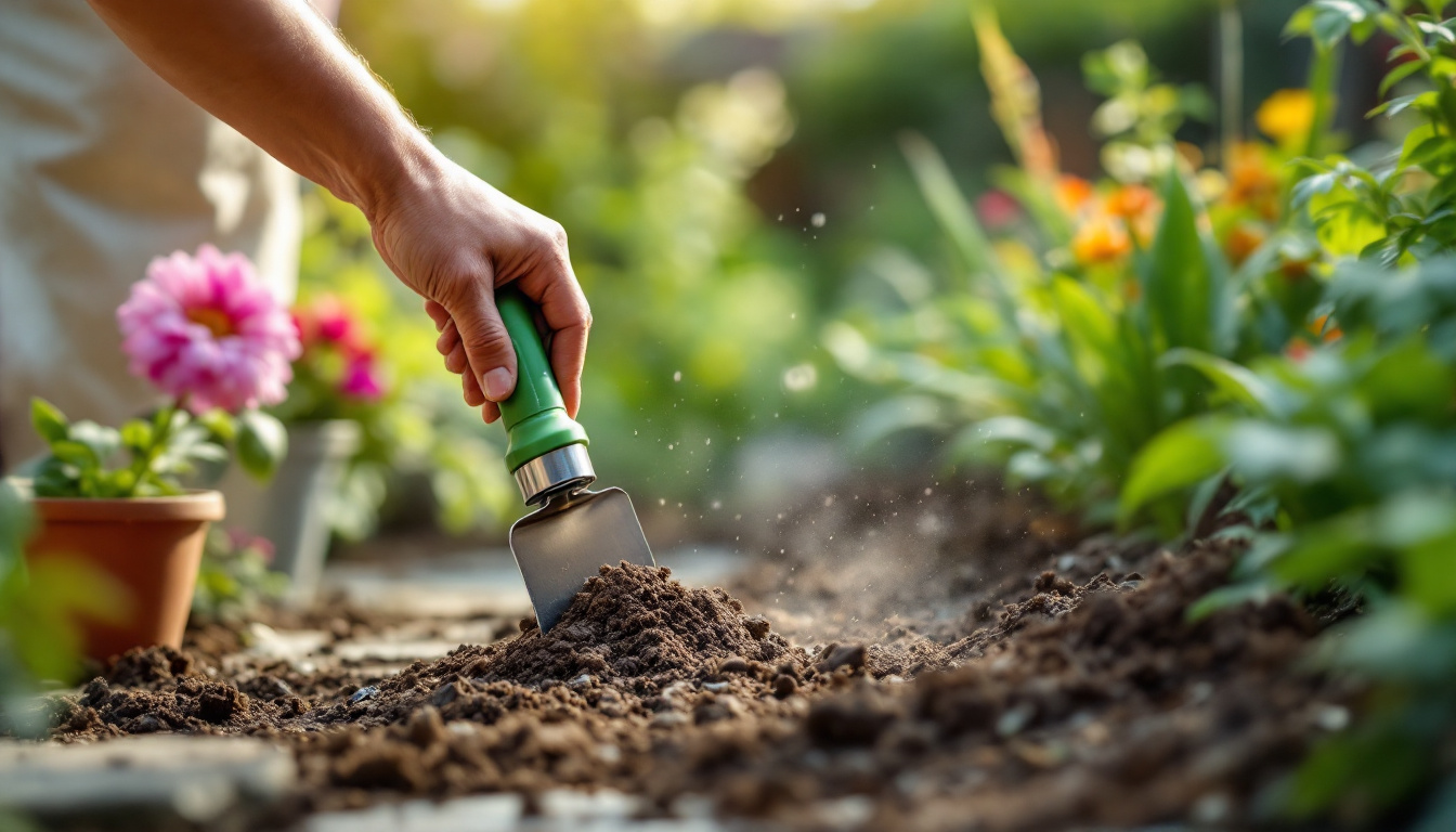 A close-up of a gloved hand using a small garden trowel to dig soil among vibrant flowers in a garden bed