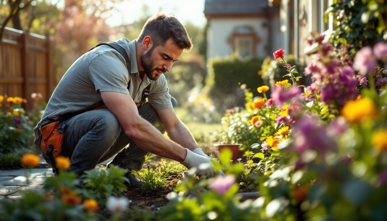 A focused gardener kneels while weeding and tending to a lush flower garden beside a house on a sunny day
