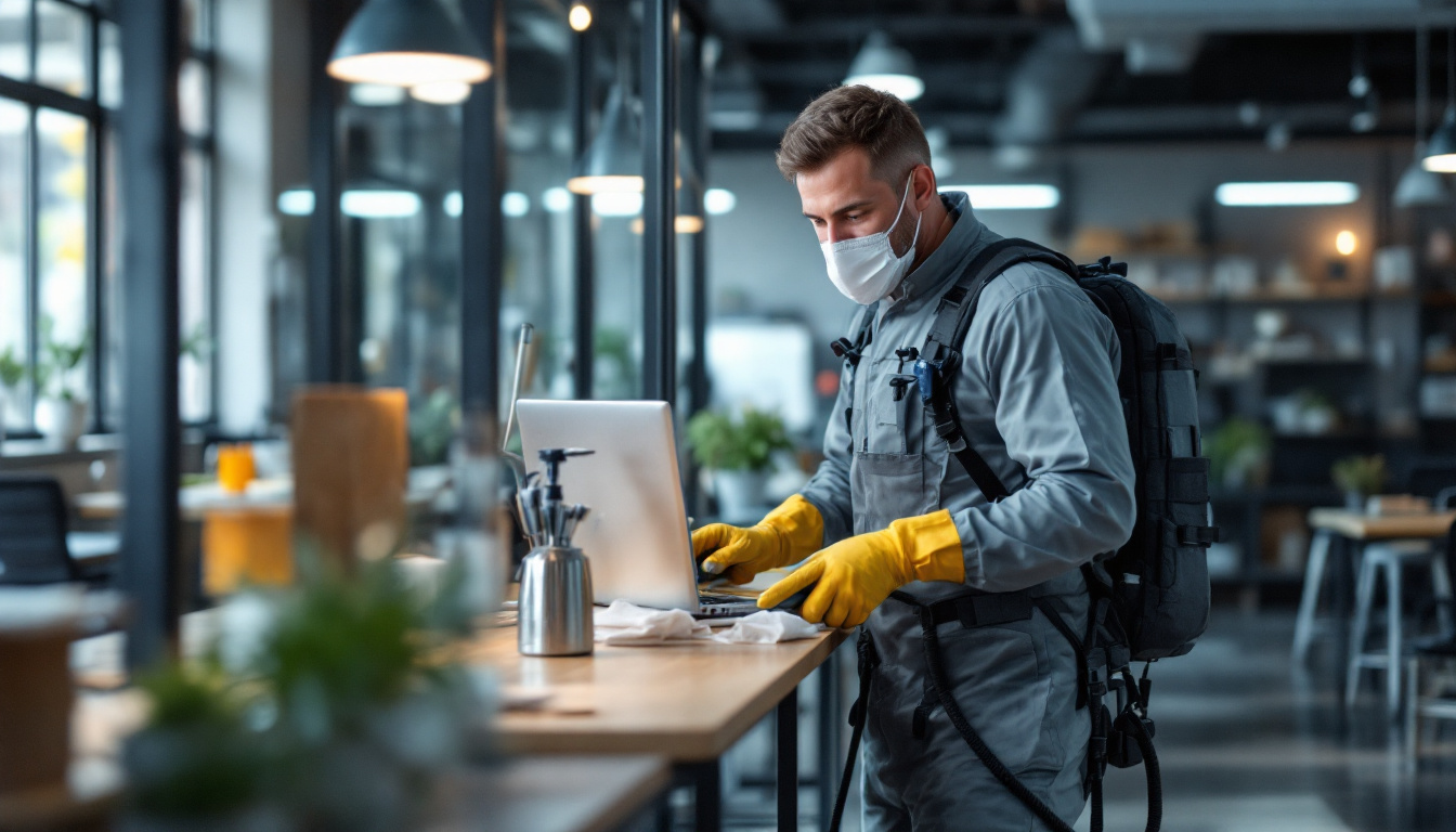 A pest control technician in protective gear uses a laptop while inspecting a modern indoor commercial space