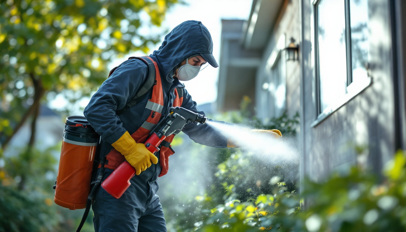 Exterminator in a hood and mask spraying pesticide around the exterior of a house using professional pest control equipment