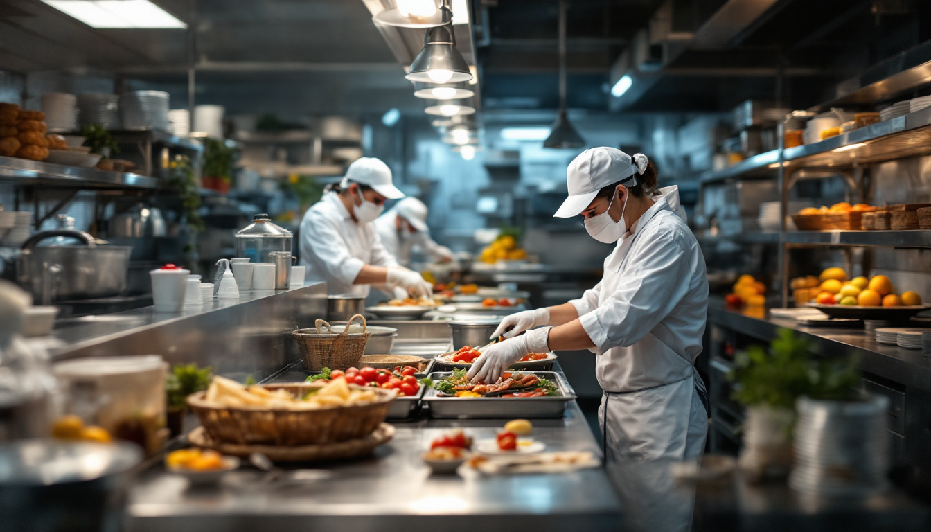 Kitchen staff in white uniforms assemble colorful dishes along a brightly lit service line filled with fresh produce