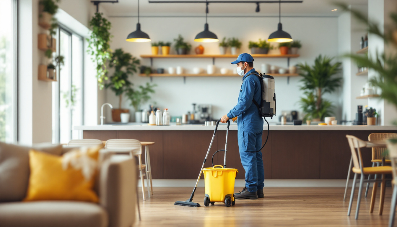 Masked janitor in blue coveralls mopping a bright, plant‑filled café kitchen with a yellow bucket