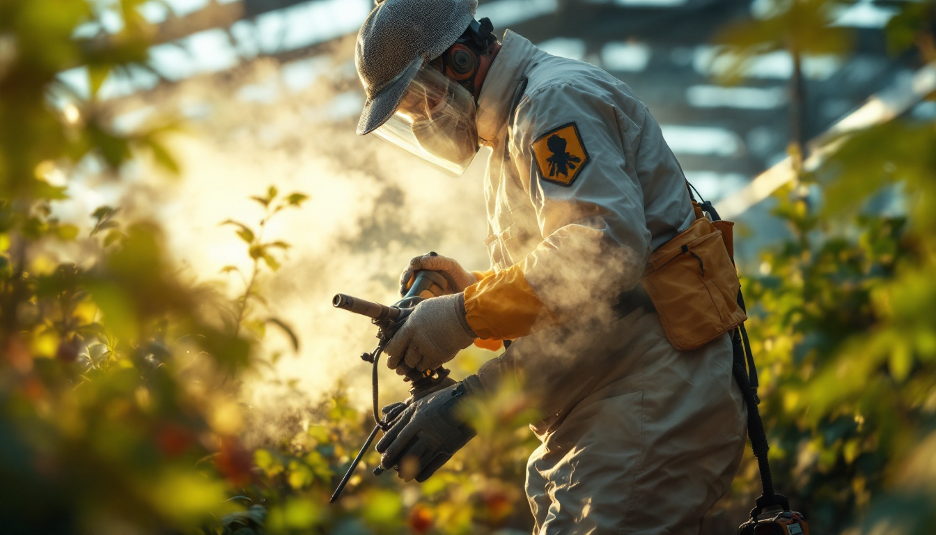 Pest-control worker in full protective suit and face shield sprays a mist of pesticide among greenhouse plants at sunset.