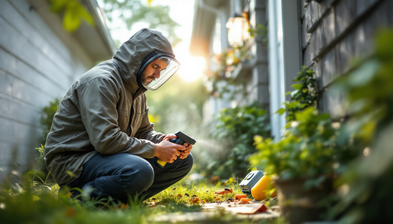 Pest control worker in protective gear kneeling outside a house, using a handheld sprayer near garden foliage