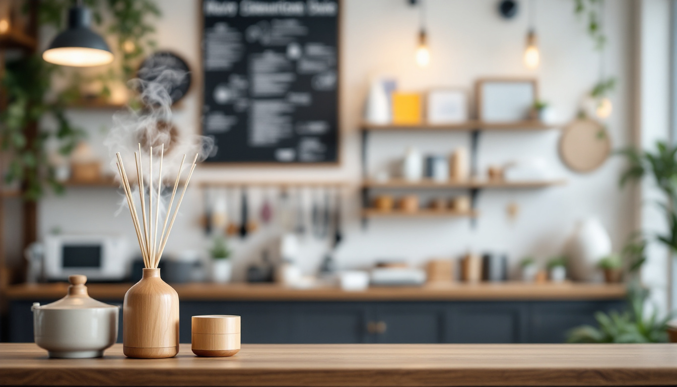 Reed diffuser releasing aromatic vapor on a wooden counter inside a cozy, greenery‑decorated café