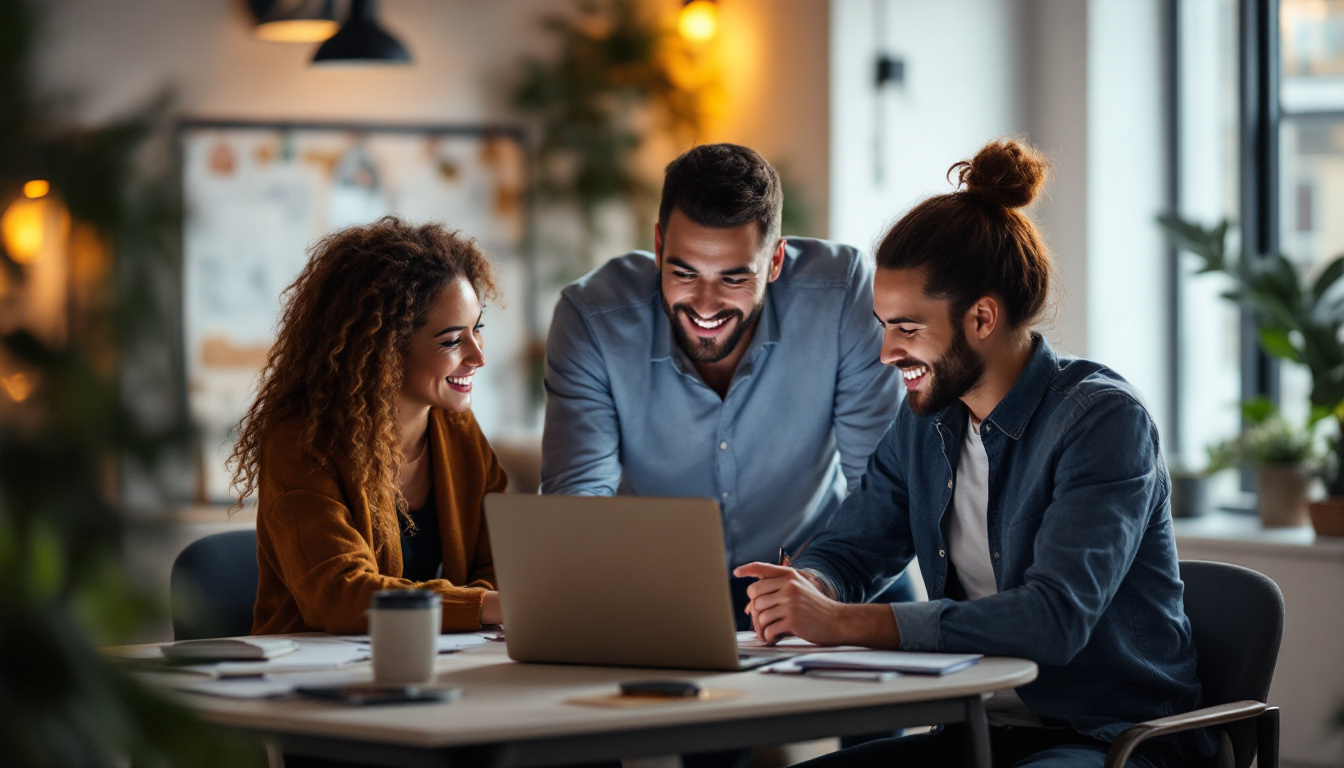 Three young professionals smiling and brainstorming around a laptop in a warmly lit modern office