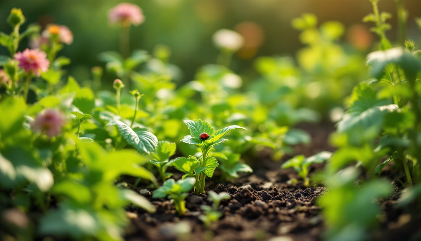 Tiny red ladybug rests on the top leaf of a young green plant in a sun-drenched vegetable bed.