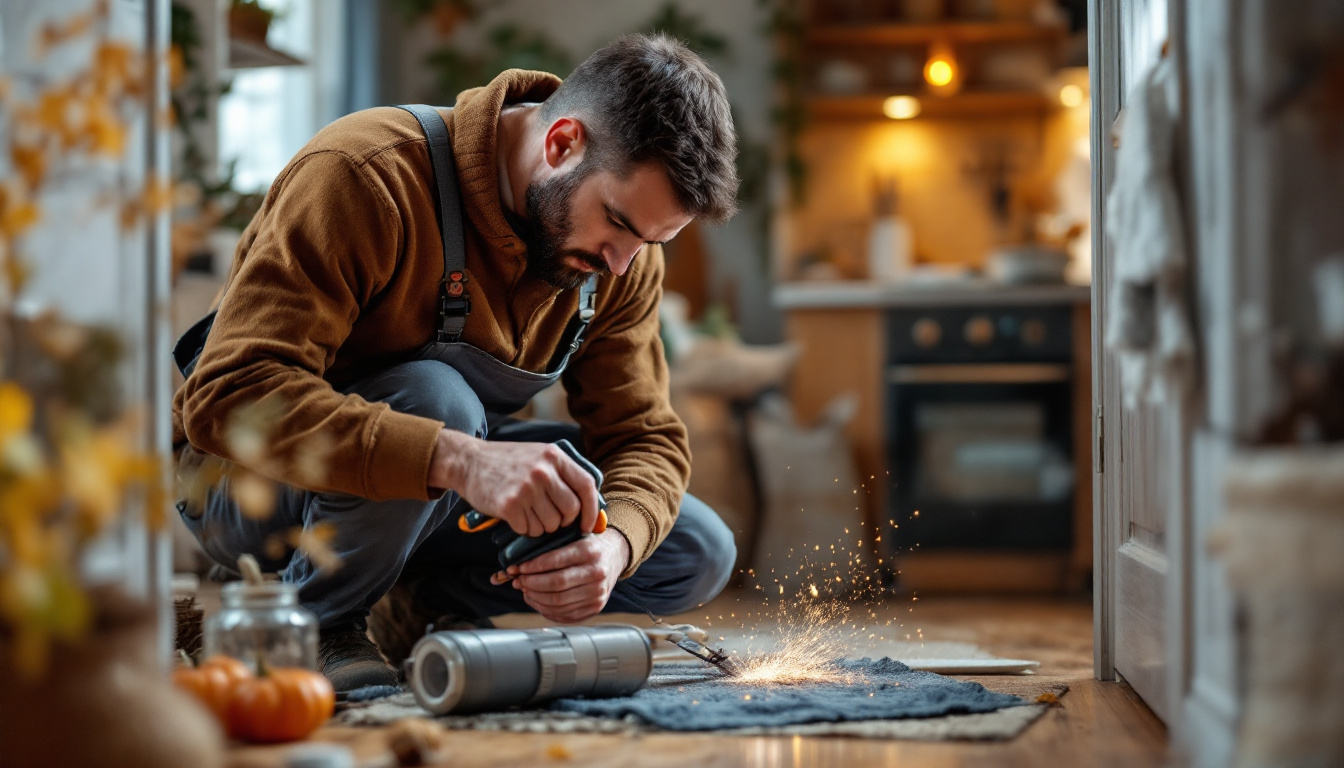 A bearded man drills sparks into the floor in a warm kitchen