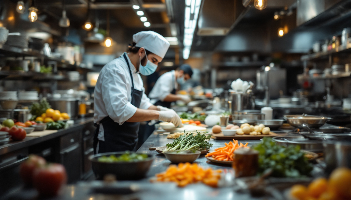 A busy commercial kitchen with chefs in uniform and face masks preparing various fresh vegetables under warm overhead lighting