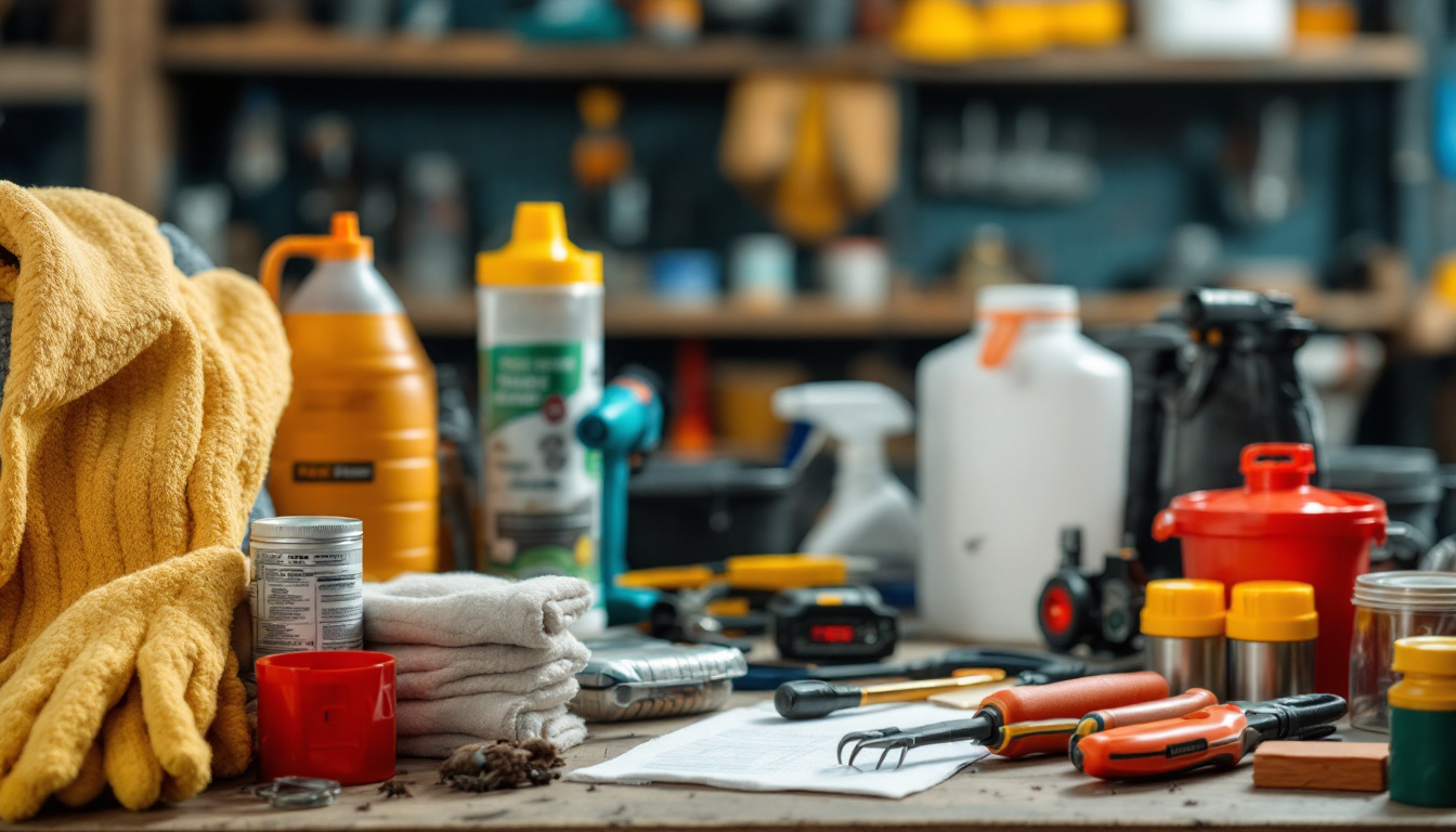 A cluttered workbench filled with pest control tools, sprays, gloves, and cleaning supplies