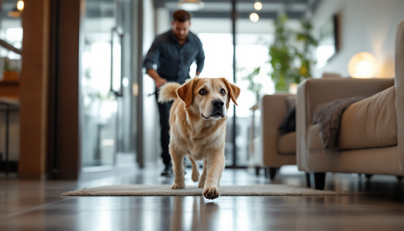 A golden retriever walks confidently across a hallway rug with a man holding its leash in the background, suggesting a pet-friendly indoor setting