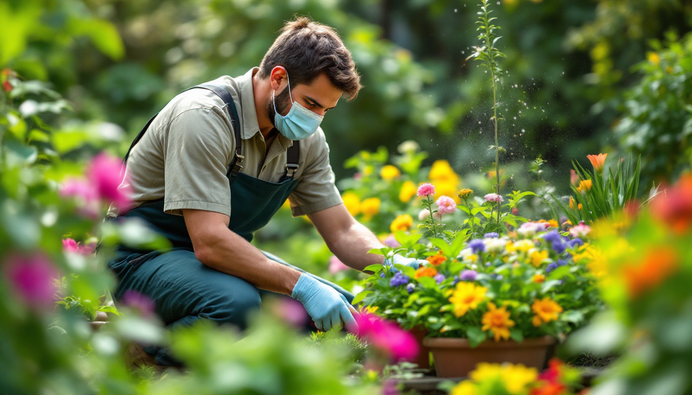 A man wearing a mask and gloves is carefully working in a flower garden filled with blooming yellow, pink, and purple flowers