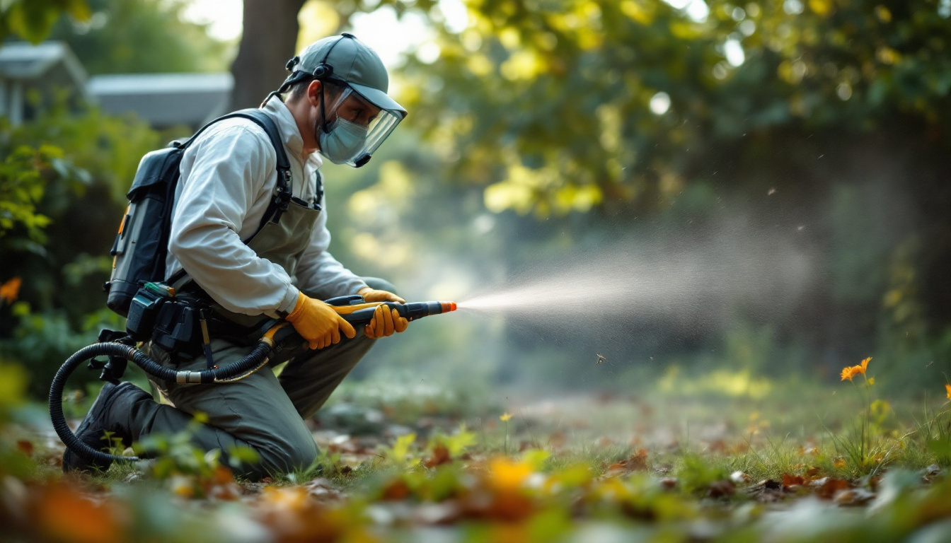 A masked pest-control technician kneeling on grass in a leafy yard, wearing gloves and a protective face shield while spraying a fine mist from a backpack sprayer