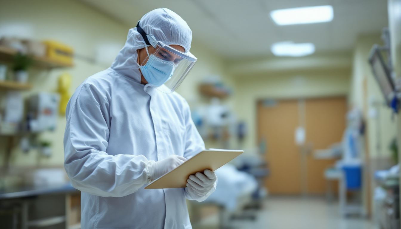 A medical professional in full protective clothing, including a face shield and gloves, reviews a tablet in a hospital hallway