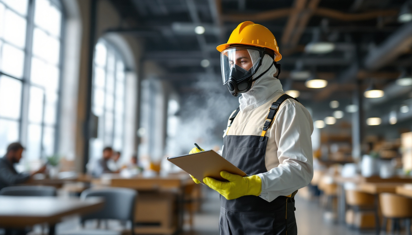 A pest control professional in full protective gear and a gas mask inspects a modern indoor space while holding a clipboard