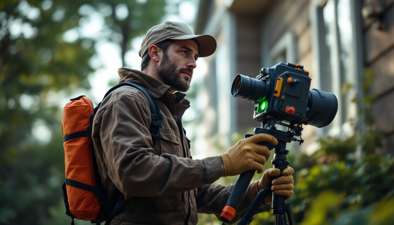 A pest control professional outside a home uses a thermal imaging camera mounted on a tripod, scanning the building for inspection