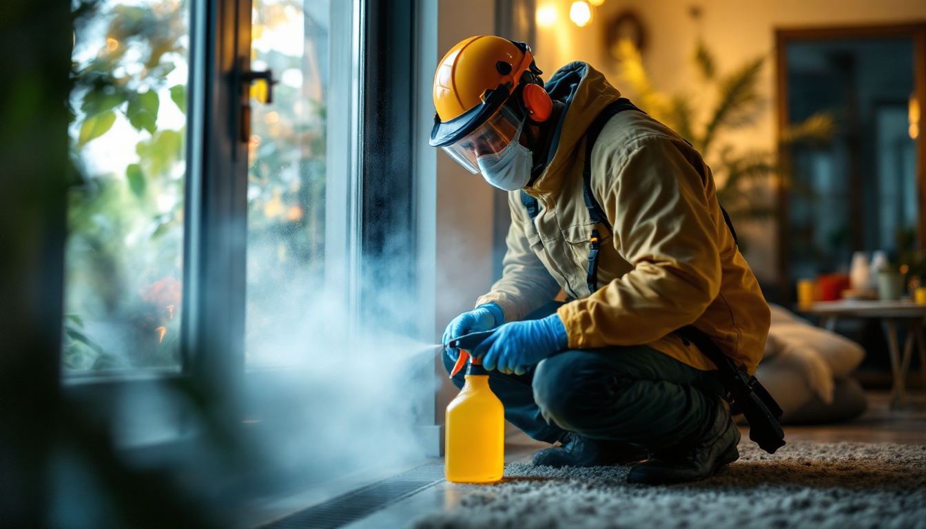 A pest control worker in protective gear sprays chemicals along a doorframe inside a home, with visible mist rising around the area