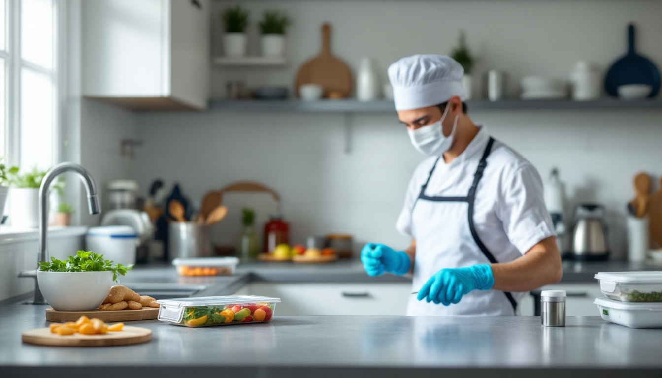 A professional chef wearing gloves, a mask, and a hat prepares fresh produce in a clean, modern kitchen with natural lighting