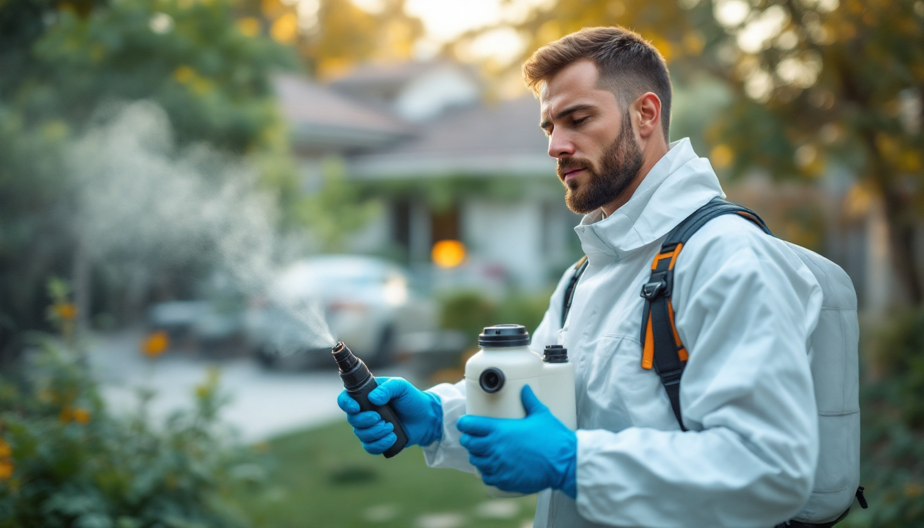 A professional in white protective gear sprays pesticide in a residential yard using a handheld fogger