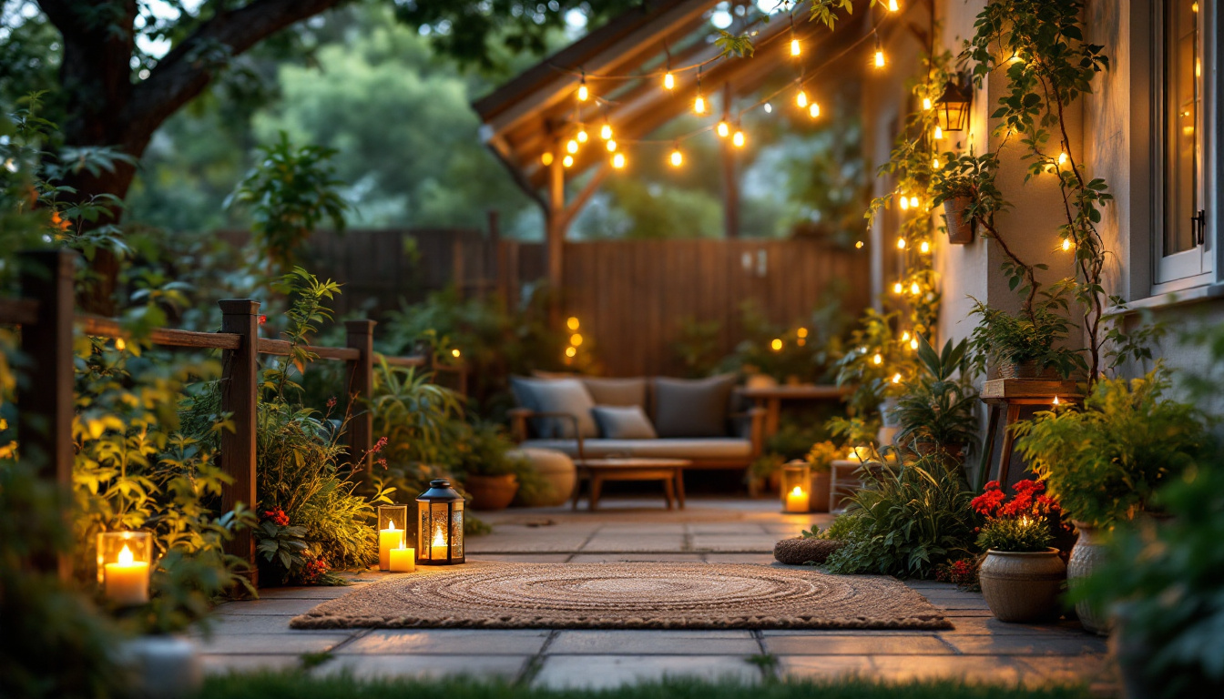 A serene backyard patio at dusk, adorned with string lights, glowing lanterns, lush greenery, and cozy outdoor seating