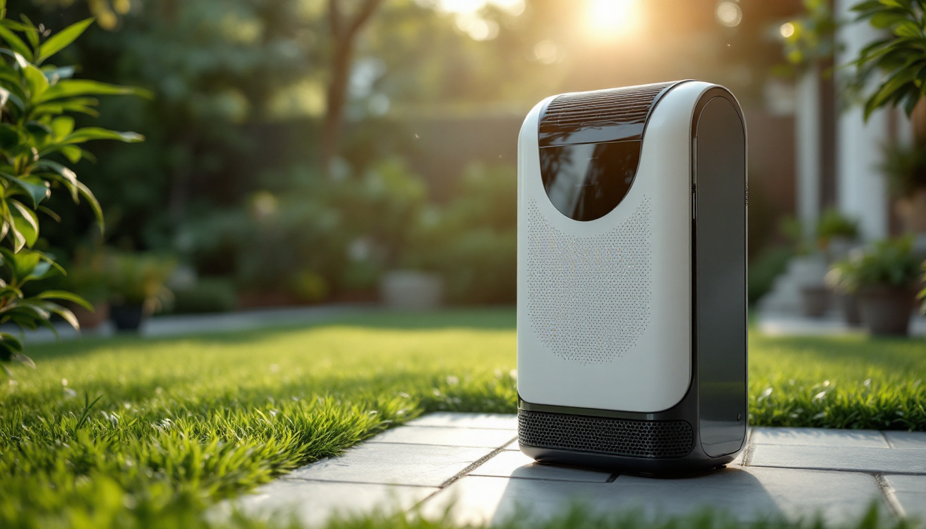 A sleek, white-and-black portable air purifier standing on a tiled patio next to lush green grass, bathed in warm late‑afternoon sunlight