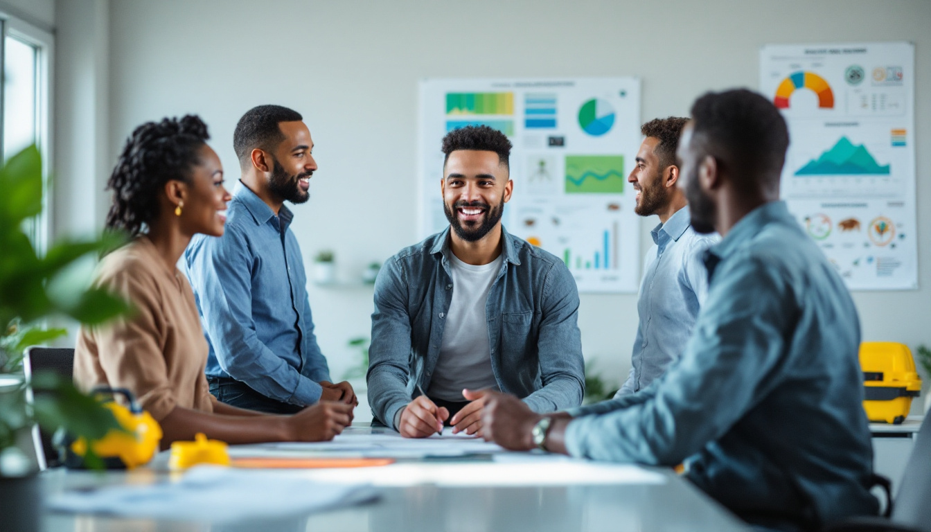 A small team of five professionals stands around a desk covered in documents, smiling and sharing ideas, with colorful data visualizations pinned to the wall in the background