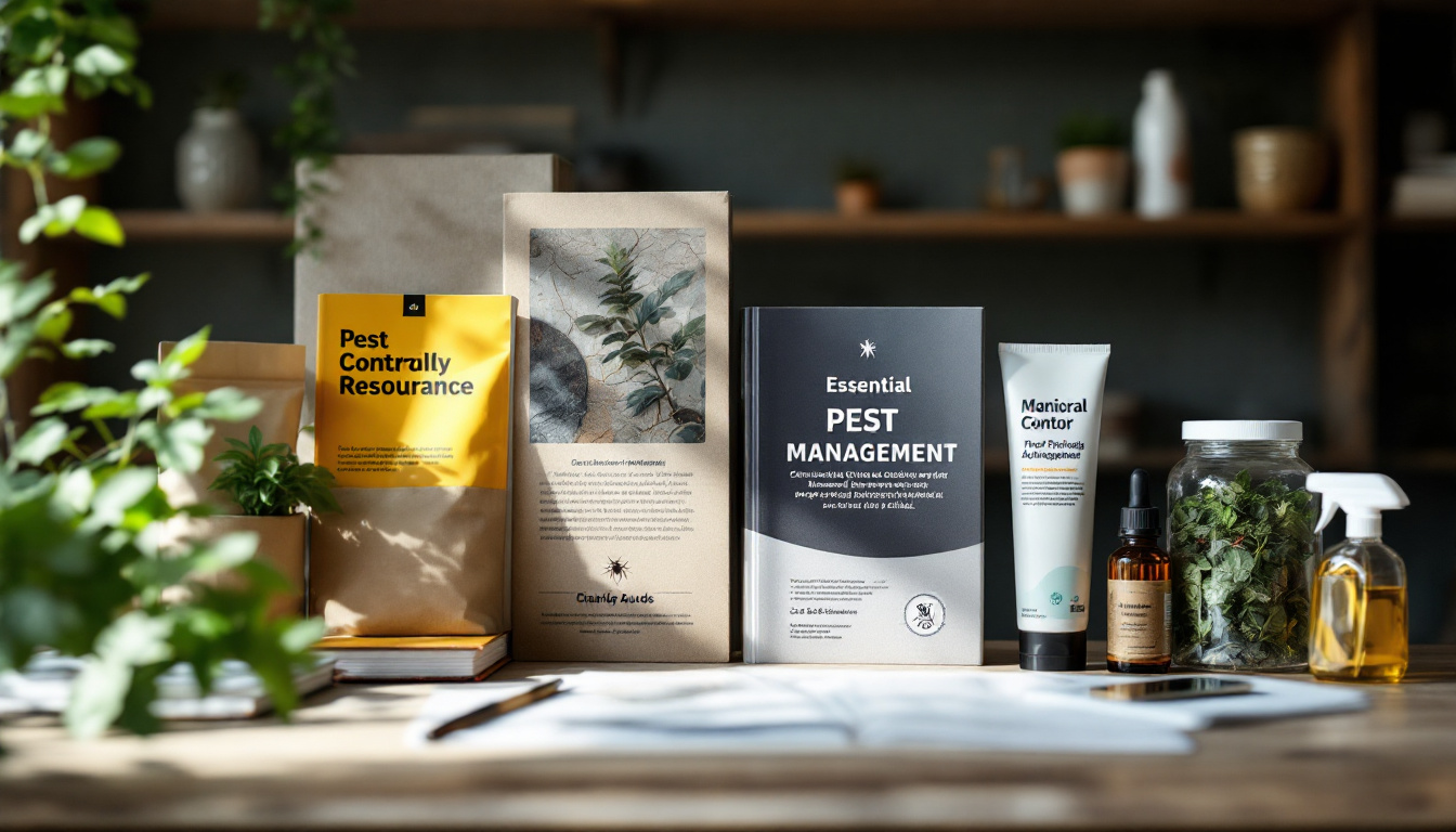 A tabletop display of pest control books, organic sprays, and herbal treatments arranged neatly in a well-lit room with plants
