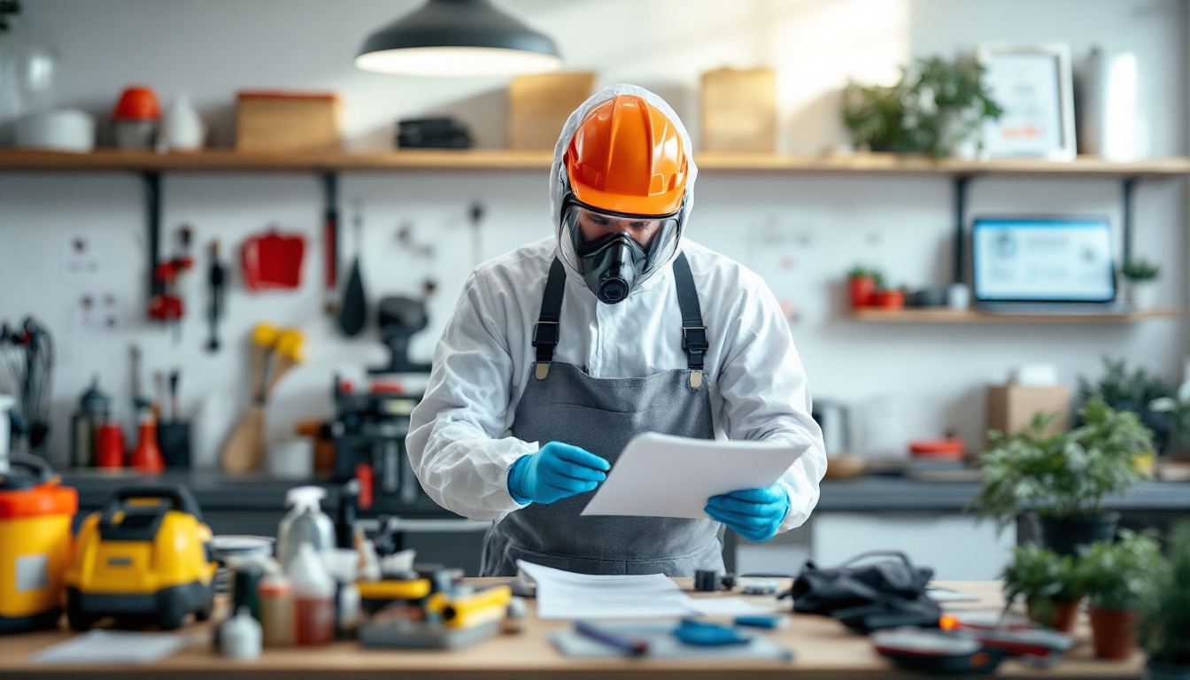 A technician in protective gear, including a hard hat and gas mask, examines documents in a workshop with various tools and cleaning products