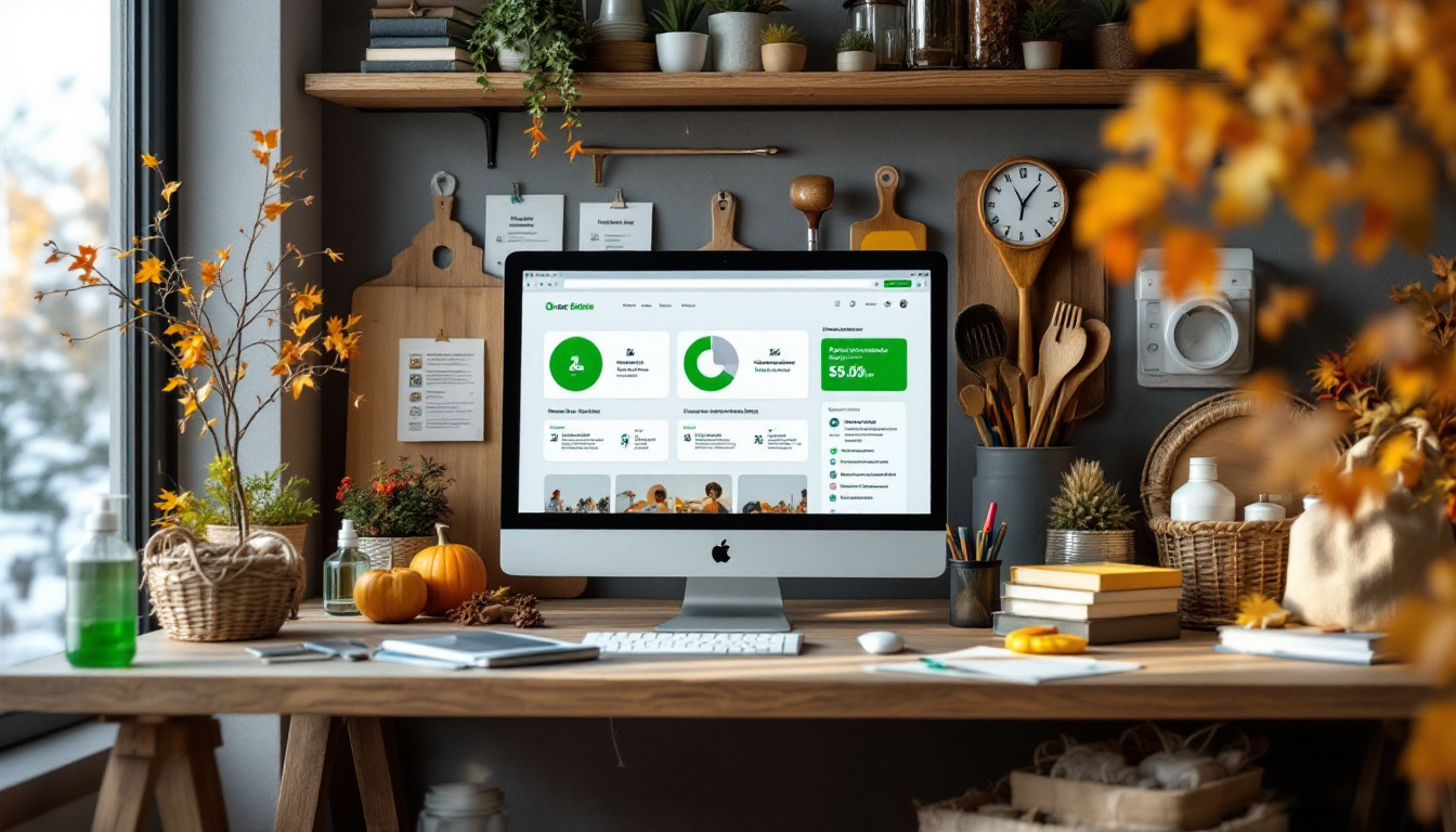 A wooden desk by a window displays pumpkins, plants, and an iMac with a green-and-white dashboard
