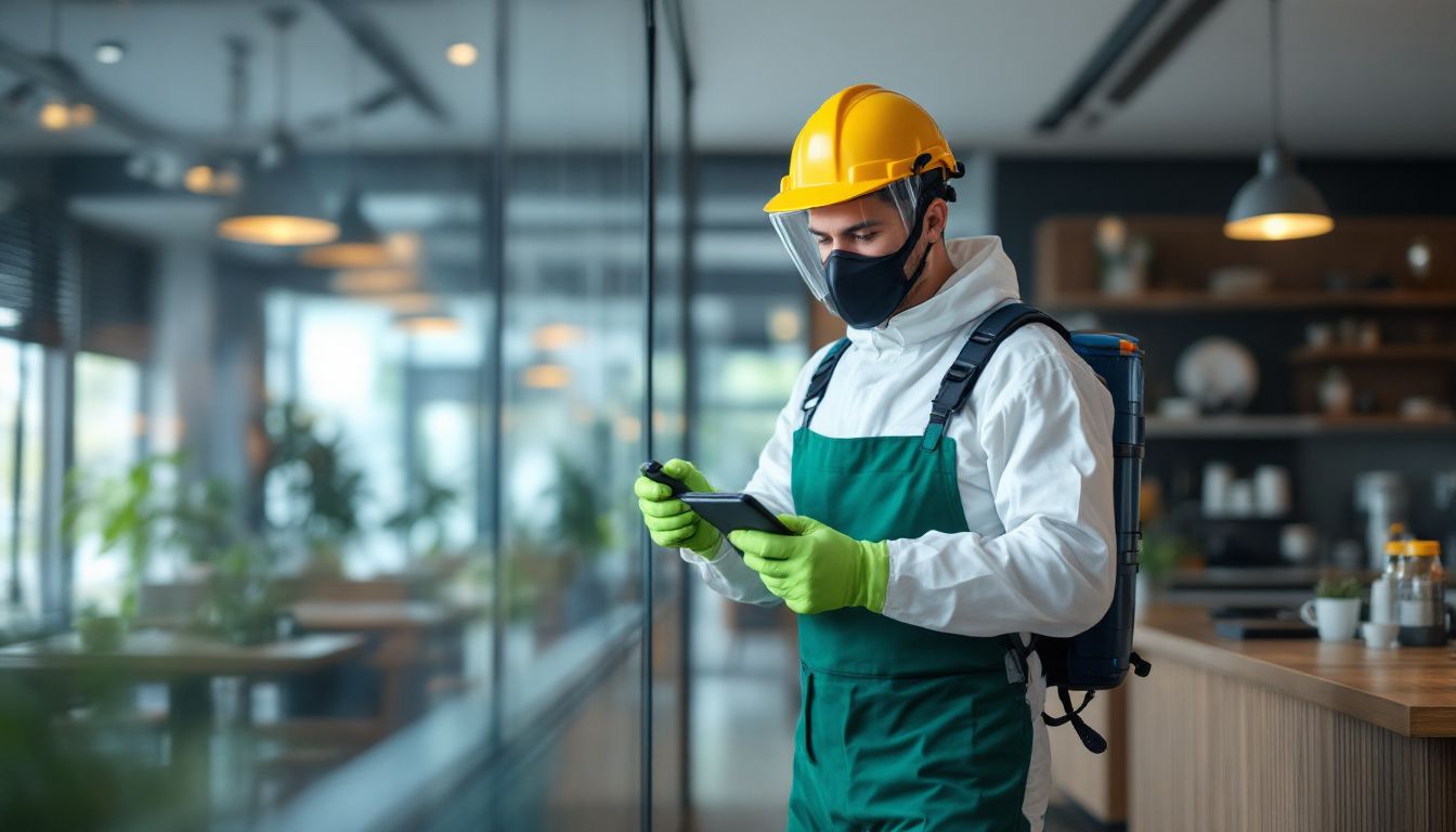 An indoor sanitation worker in a hard hat, face mask, and green overalls, consulting a tablet beside large windows in a modern café or restaurant