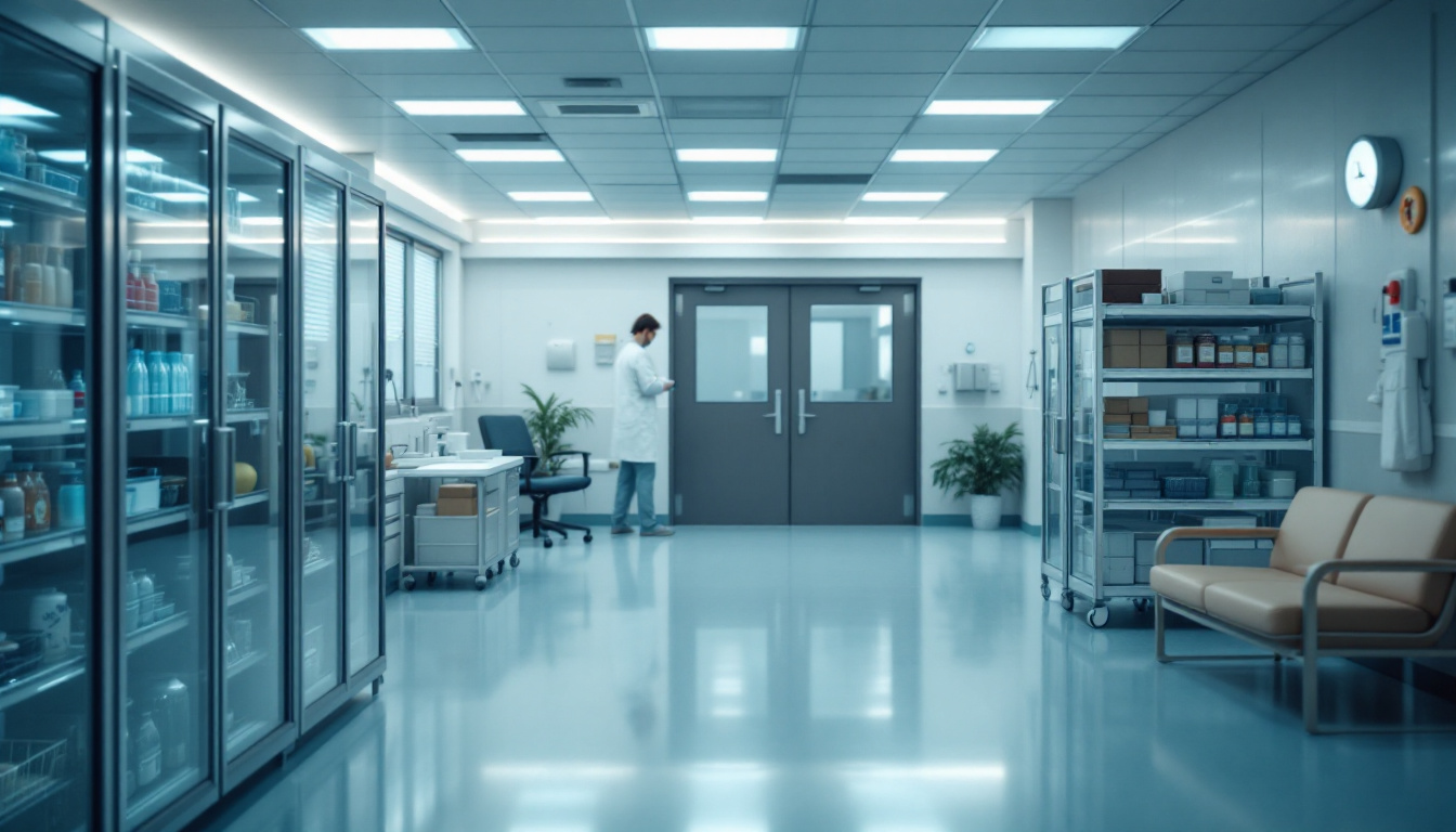 Clean clinical supply corridor with glass storage cabinets, rolling carts, and a lab-coated technician checking notes near double doors