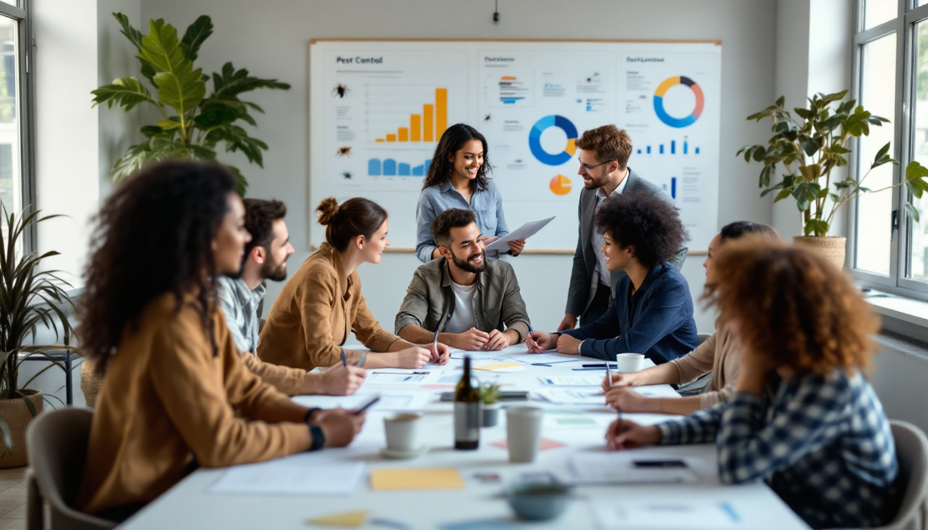 Eight diverse team members—men and women—are seated and standing around a large table covered in papers, engaged in a strategy session beneath a whiteboard titled “Pest Control” showing growth graphs and pie charts