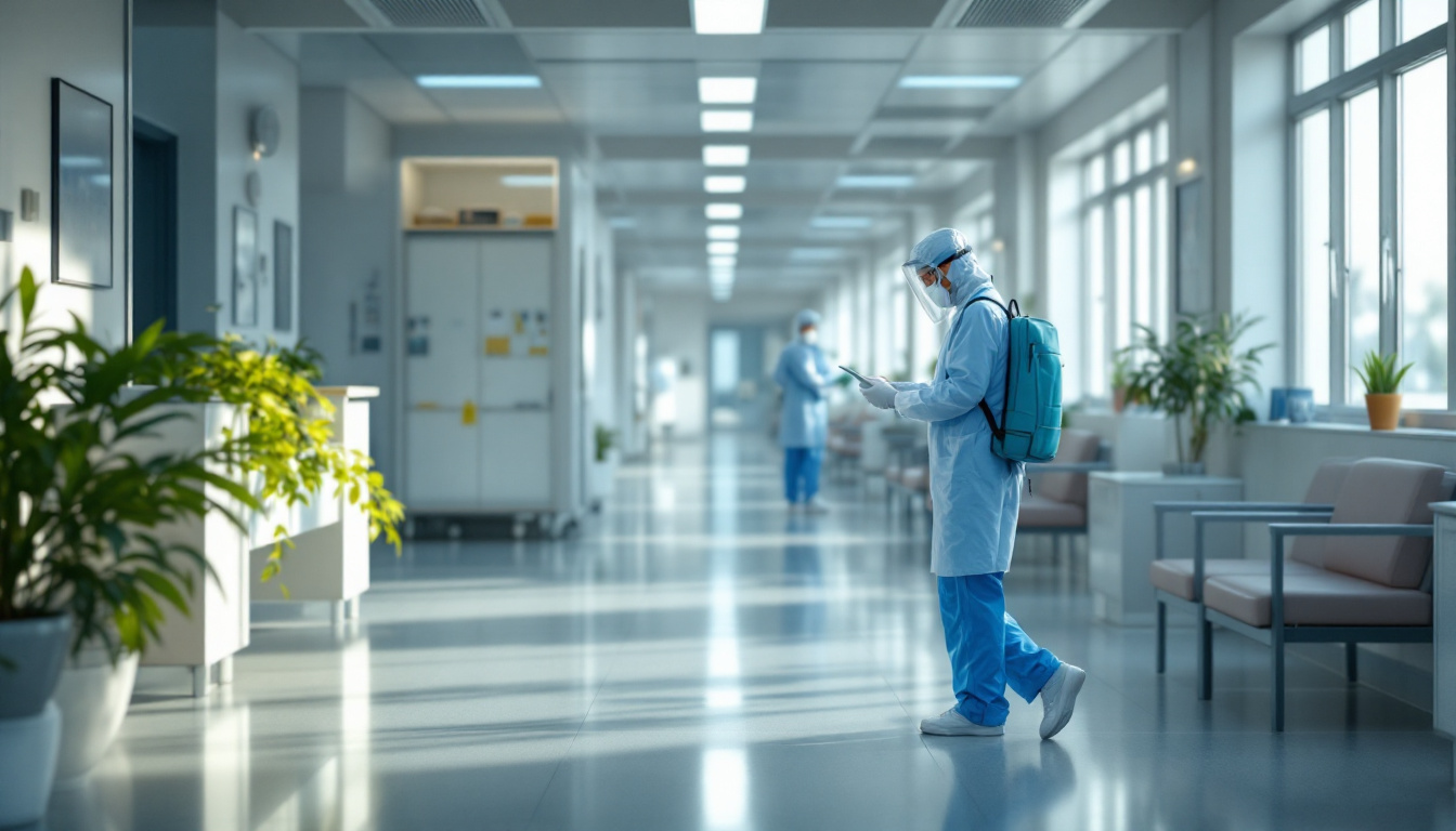 Healthcare worker in PPE and face shield reviewing a tablet in a sun-lit hospital hallway, another masked staffer blurred in the distance