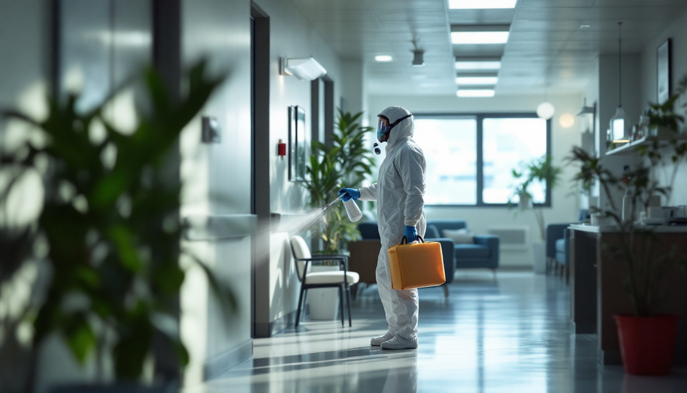 Person in full protective suit spraying disinfectant on a doorway in a modern medical hallway, carrying a yellow chemical canister