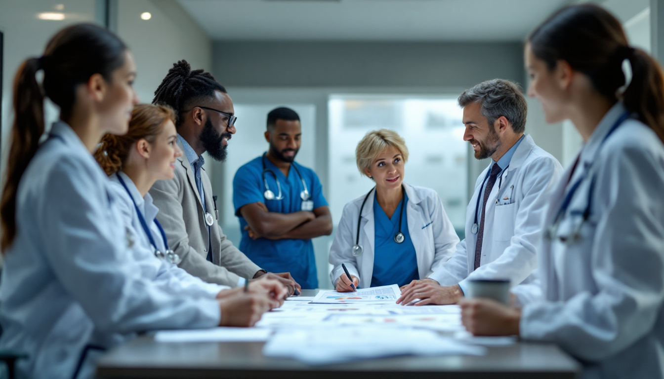 Six medical staff in scrubs and white coats gather around a table filled with reports, reviewing charts together in a bright hospital meeting room