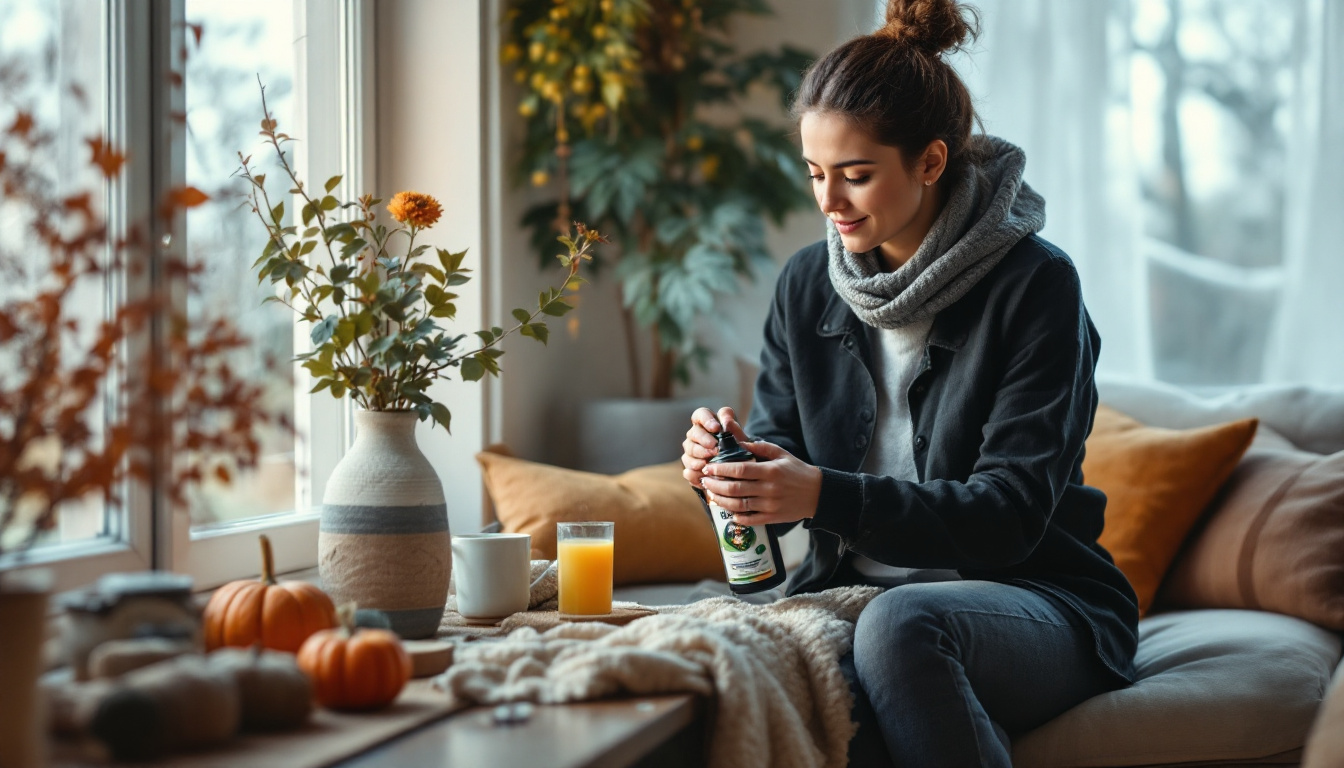 The woman on a beige couch twists open a bottle next to orange juice and fall décor
