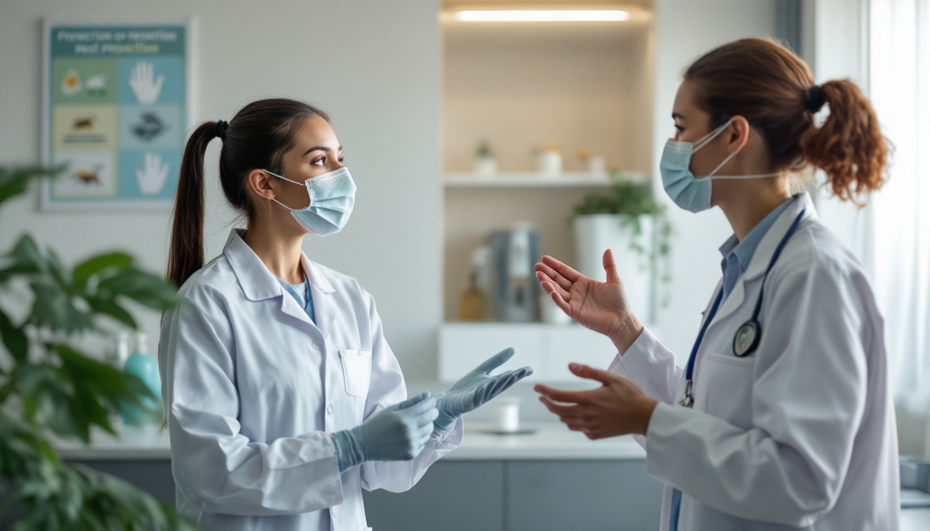 Two female healthcare workers wearing masks and lab coats engage in a discussion in a clinical setting with informational posters and plants in the background