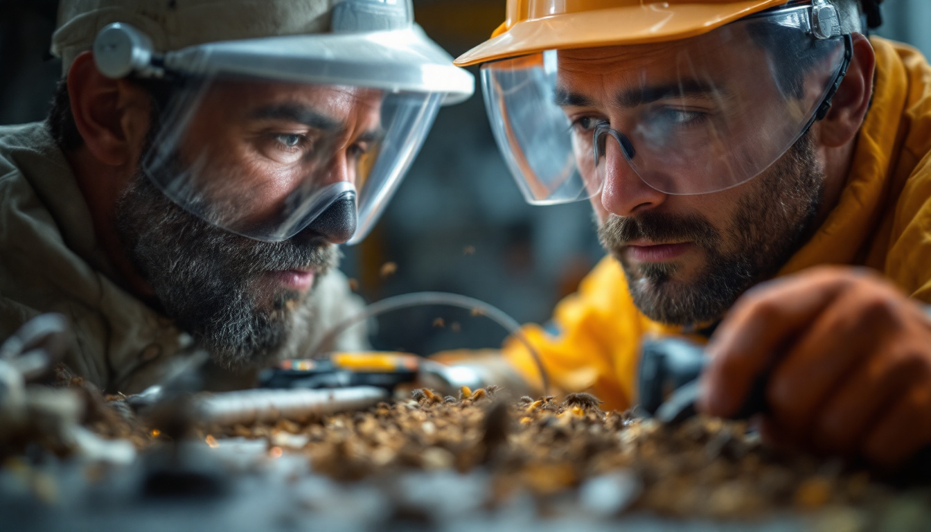 Two pest control experts wearing protective gear closely inspect a surface covered with insects